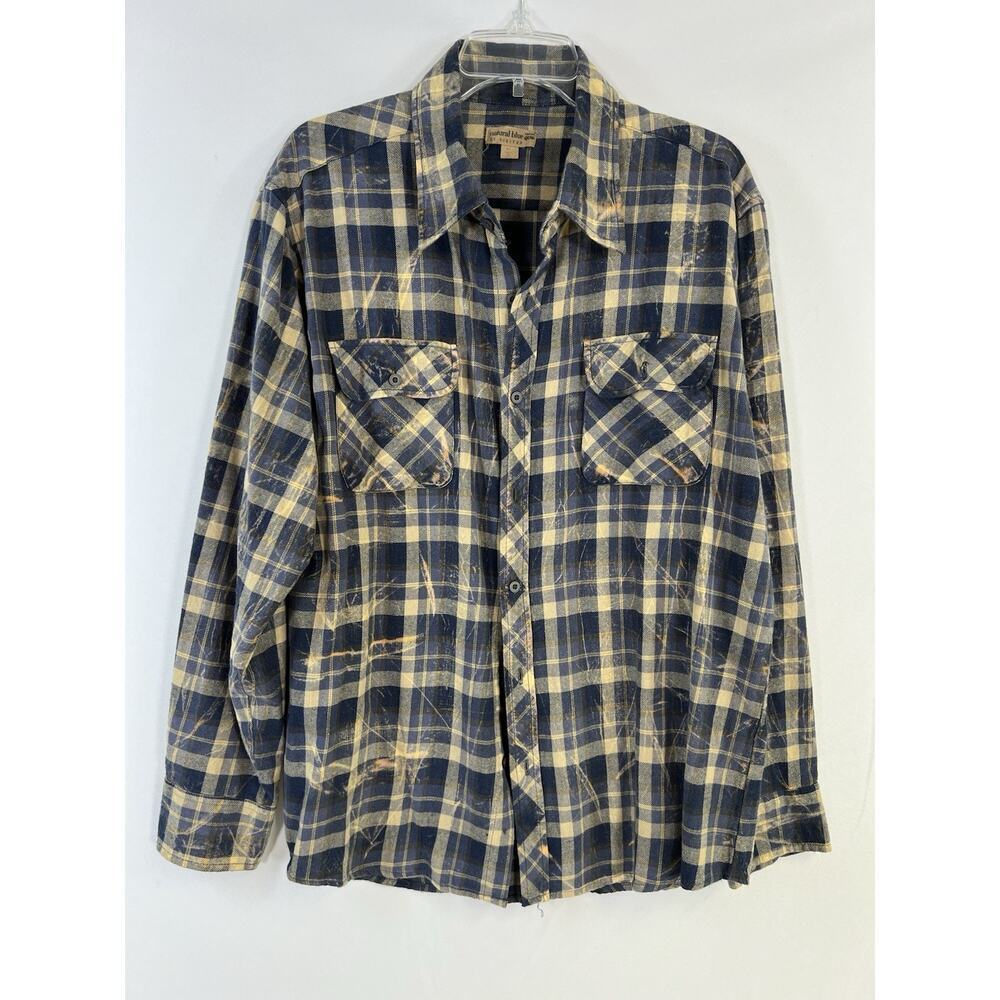 VTG Natural Blue Flannel Blue Plaid‎ Distressed Men Size XL Outdoor Workwear